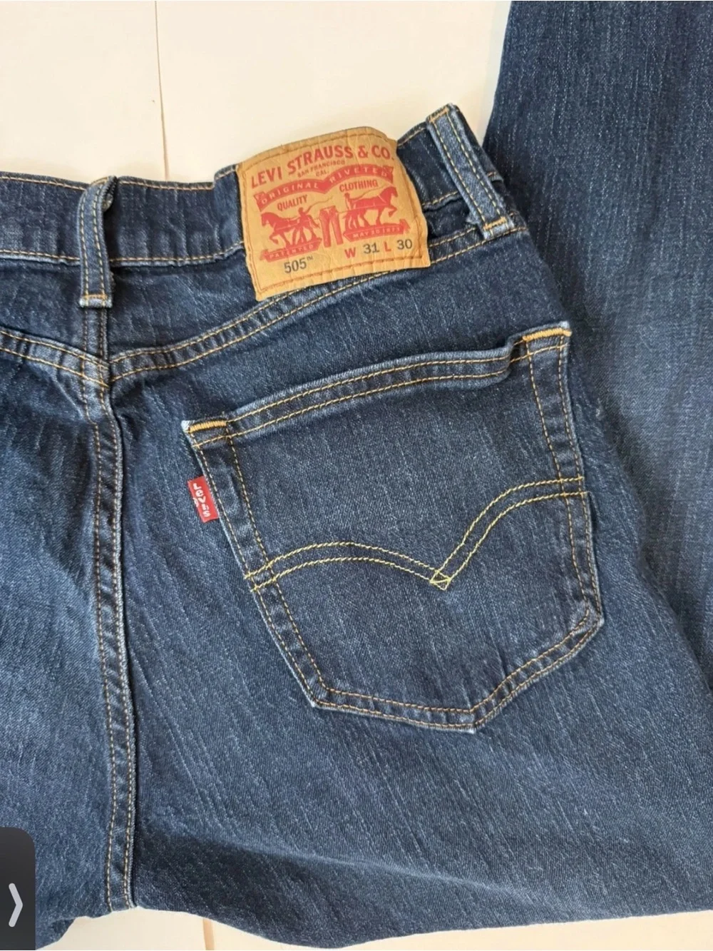 Levi's Dark Blue Straight Men's Jeans with Tan Leather Patch 31x30